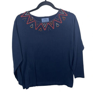 Cambridge dry goods navy blue long sleeve shirt gemstone embroidered trim Medium